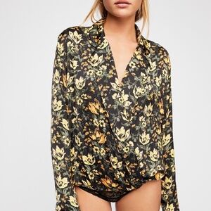Intimately Free People Green Elsa Plunging Floral Bodysuit, Size SP